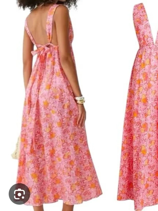 NWOT J. Crew Plunge-Neck Cotton Midi Beach Dress in Pink Limone Print - Small - Picture 2 of 7